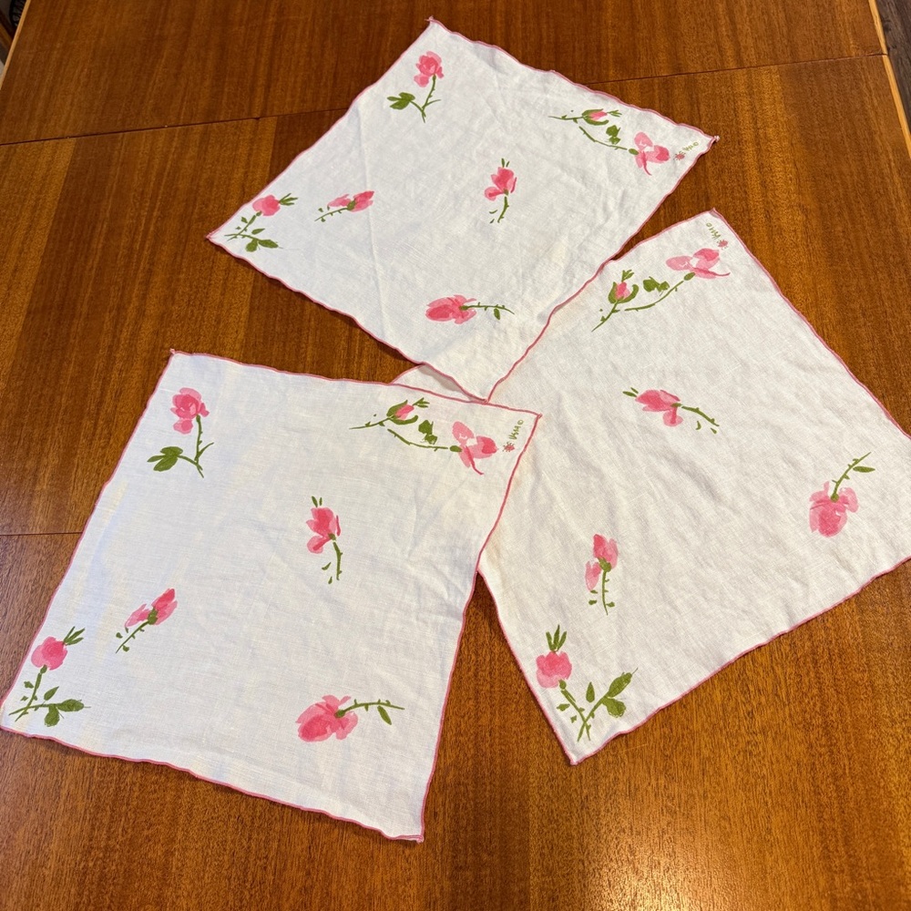 Vintage Vera Neumann Dining Linen Napkins White with Pink Rose Set of 3
